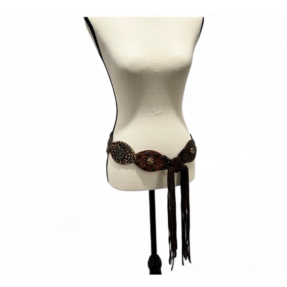 Leatherock Wide Brown Mixed Leather Ovals Joined Belt Boho 2059 M/L Fringe Tie - Picture 1 of 14